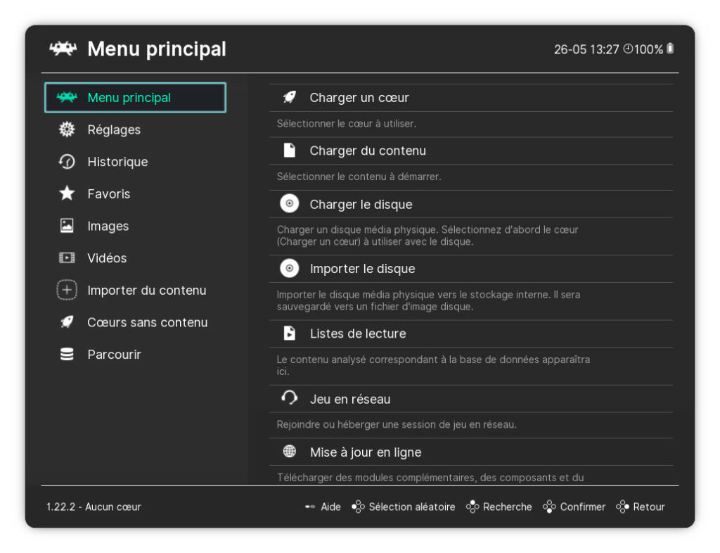 Écran principal de RetroArch